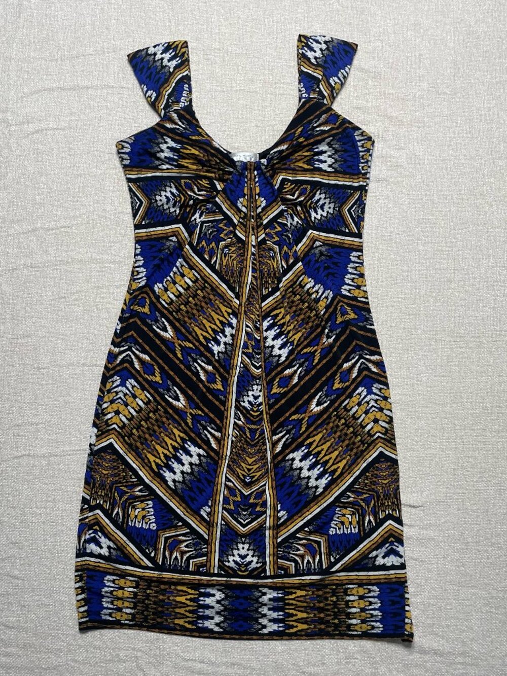 London Times Gold & Royal Blue Aztec Folded Neckline Sheath Dress